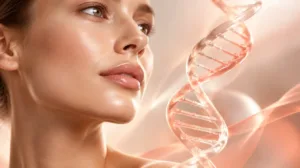 Abstracte DNA-structuur in zalm- en champagnekleuren, symbool voor PDRN en polynucleotiden