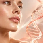 Abstracte DNA-structuur in zalm- en champagnekleuren, symbool voor PDRN en polynucleotiden